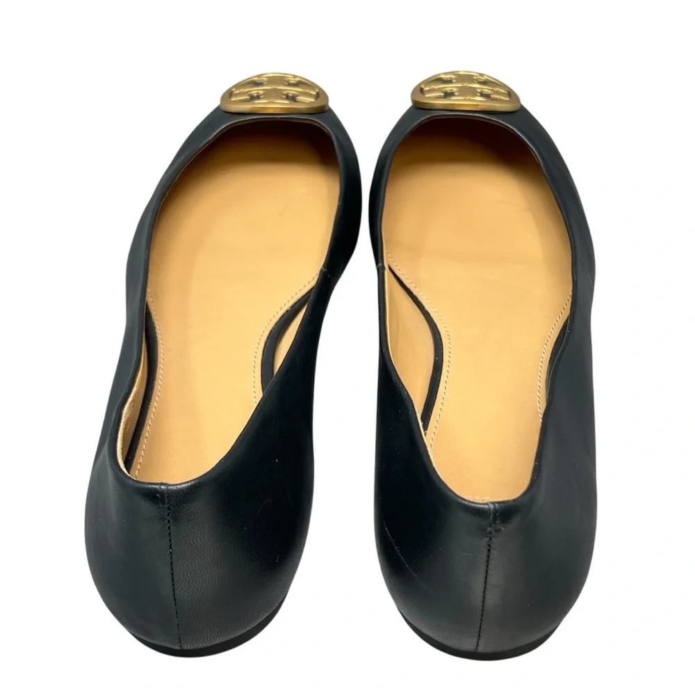 Tory Burch Black Ballet Flats Size 12 Leather with Gold Logo Emblem Shoes - Picture 8 of 13